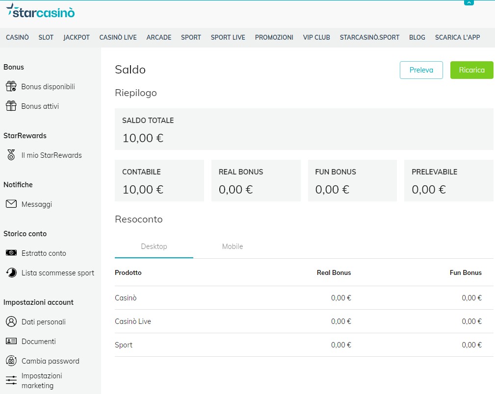 schermata account interfaccia account starcasino