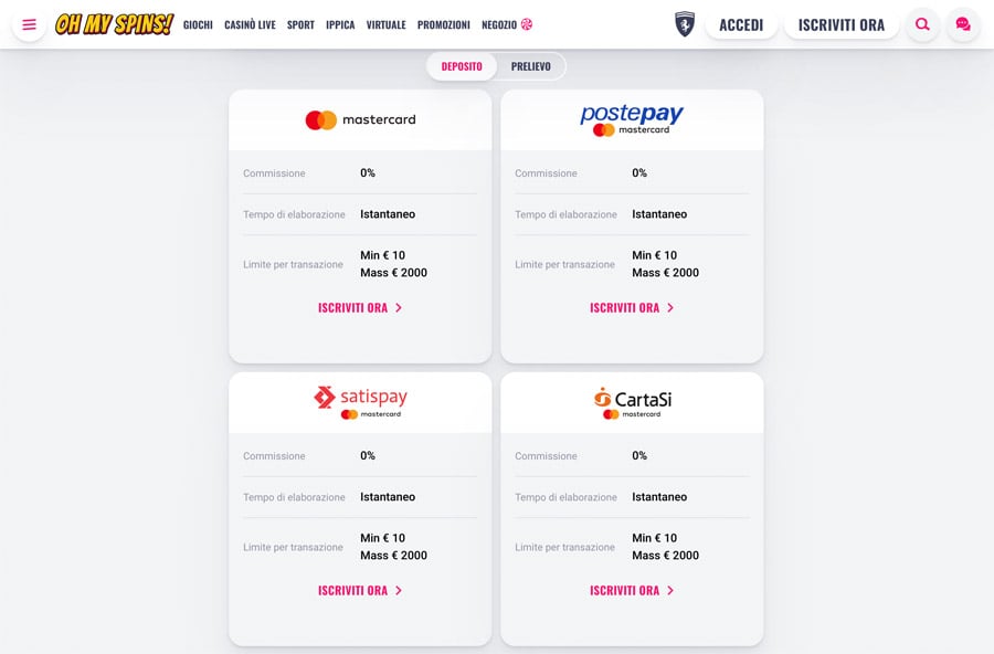 <strong>Live Casinò Cashback</strong> – ogni settimana si può ottenere un cashback fino a € 200,00 sulle perdite accumulate nella sezione dal vivo del casinò. screenshot slots ohmyspins