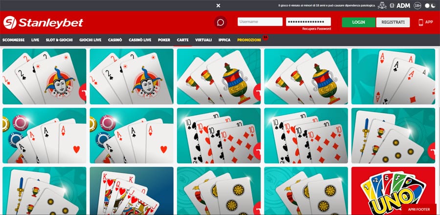 {75} Altre sezioni del catalogo sono dedicate al <strong>poker, videopoker e giochi di carte</strong> . Avrai l'opportunità di sederti a una tavolo sia online che tramite il client scaricabile. Tra questi, figurano i più popolari giochi di carte italiani, come <strong>Briscola, Tresette, Scopone e Scala 40.</strong>