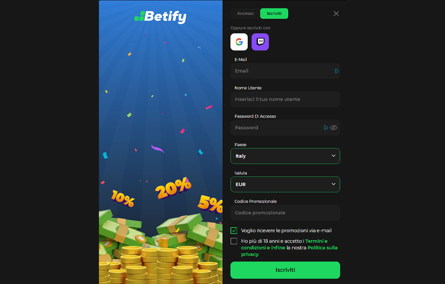 screenshot registrazione betify registrazione betify