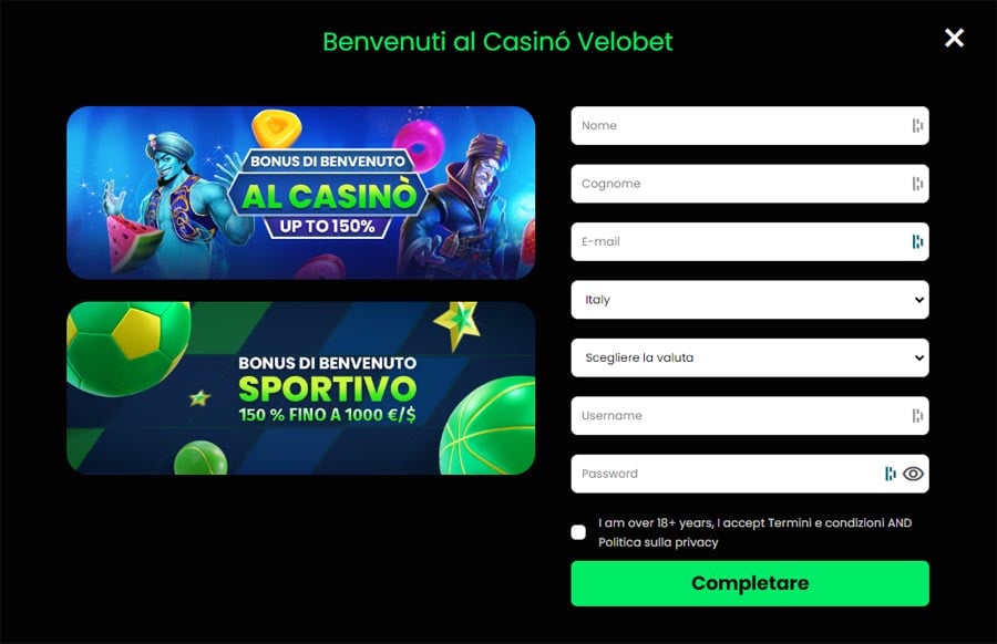 screenshot registrazione velobet registrazione velobet
