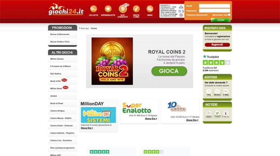 Sebbene l'importo offerto e il fatto che sia l'unica offerta non la rendano un must have, ho trovato molto interessanti le seguenti caratteristiche: non è necessario effettuare un primo deposito per riceverla, non ci sono limitazioni sui prodotti e il requisito di scommessa è tra i più bassi del mercato. interfaccia giochi24 casino