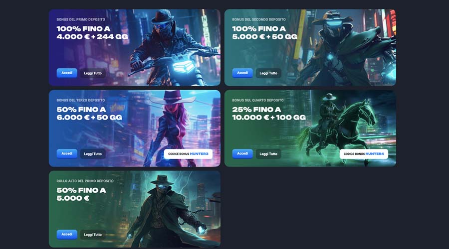 {52} Lucky Hunter presenta anche diverse promozioni settimanali e mensili; per esempio, la promozione settimanale consente un <strong>bonus del 50% fino a 300€</strong> , mentre quella mensile può arrivare fino a 500€. Tra queste promozioni, quella settimanale mi è sembrata la più accessibile: un deposito minimo di soli 20€ offre l'opportunità di prolungare la propria sessione di gioco senza investire cifre elevate.
