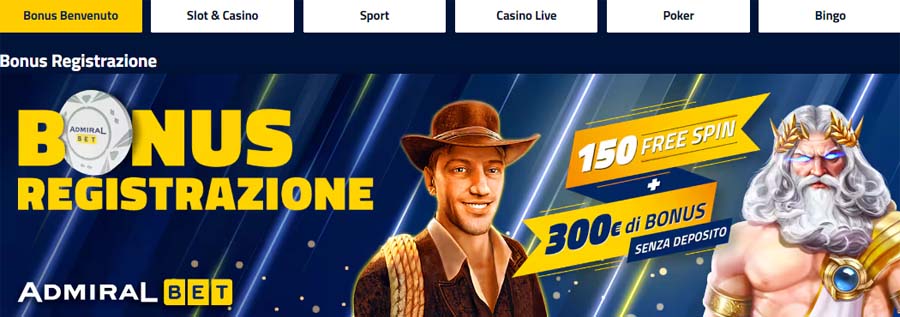 {95} L'offerta di benvenuto di <strong>AdmiralBet</strong> ti consente di avere l'opportunità di ricevere <strong>150 Free Spin</strong> unitamente a un bonus fino a <strong>300€ senza deposito</strong> . Per usufruire di questa promozione, è sufficiente registrarsi sul sito e confermare il tuo documento d'identità. Completati questi passaggi, riceverai immediatamente: