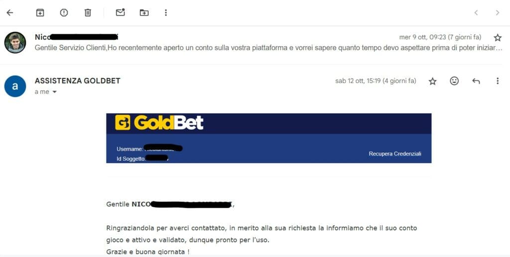 tempo di risposta email goldbet
