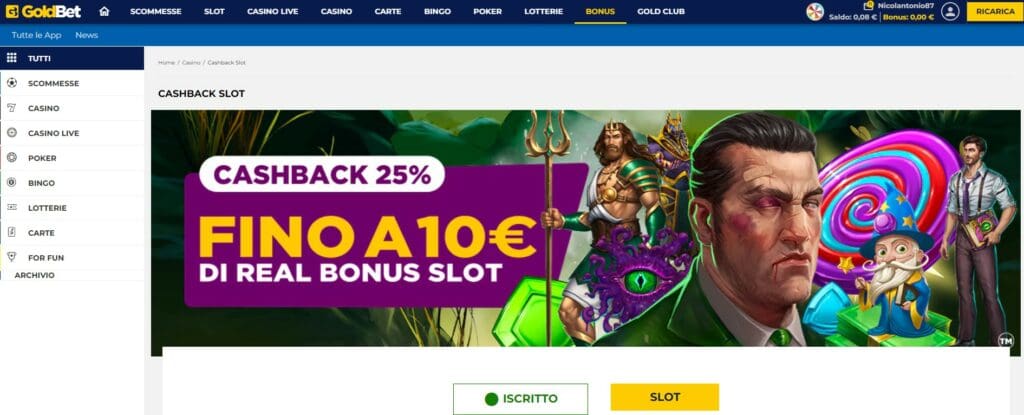 iscrizione bonus cashback goldbet