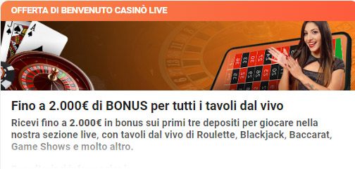 {91} Il bonus di benvenuto <strong>Casinò Live</strong> di <strong>Leovegas</strong> ti consente di ottenere fino a <strong>2.000€</strong> sui tuoi primi tre depositi, un'occasione imperdibile per chi ama le emozioni dei tavoli dal vivo, incluso il <strong>Blackjack</strong> . Con questo bonus, avrai a disposizione un credito aggiuntivo per divertirti con i tuoi giochi di <strong>Blackjack Live</strong> preferiti e aumentarne le possibilità di vittoria.