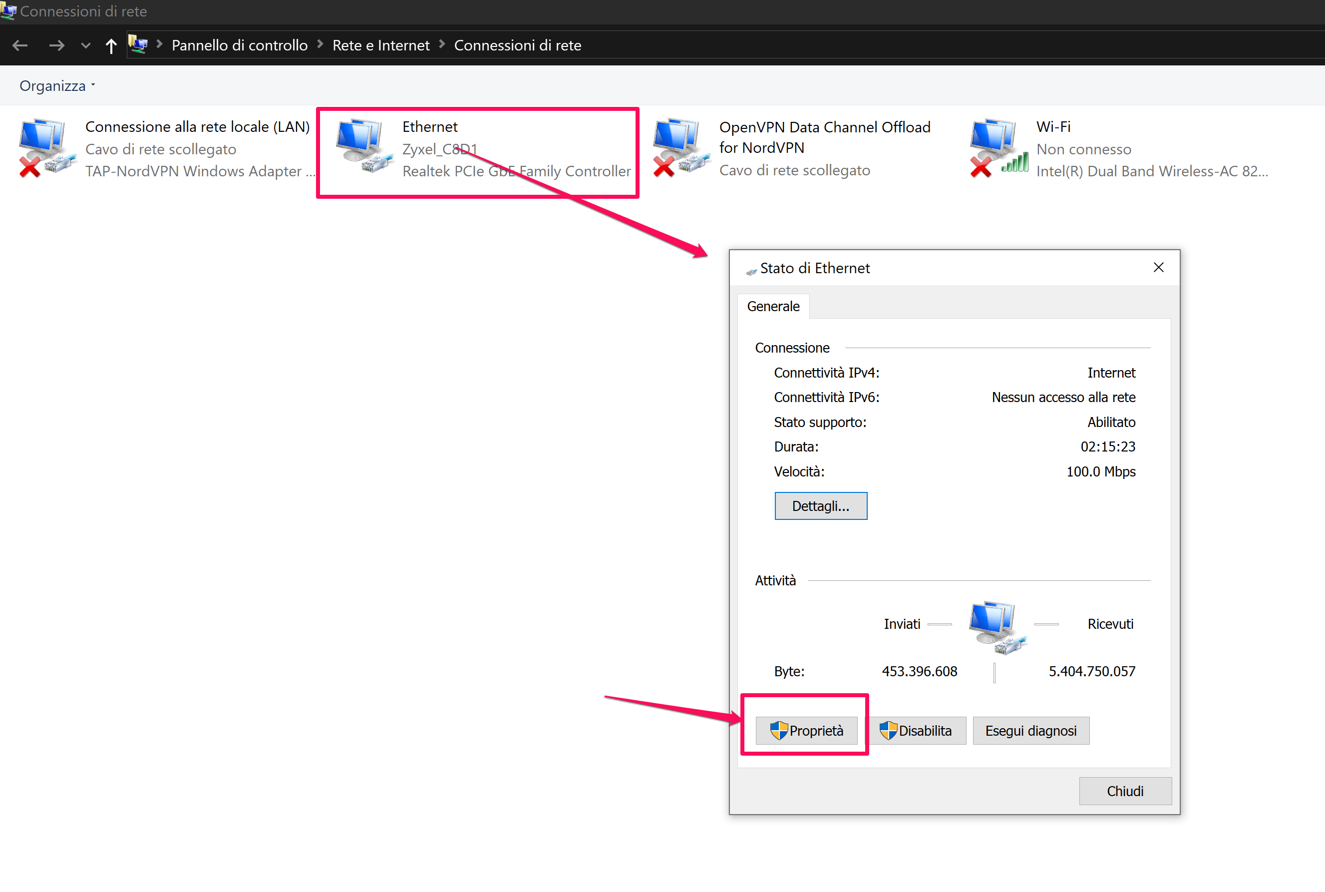 scegli la scheda di rete attiva