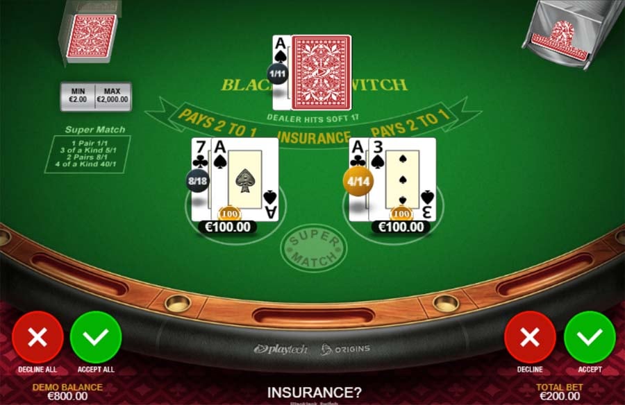 blackjack switch online funzione insurance