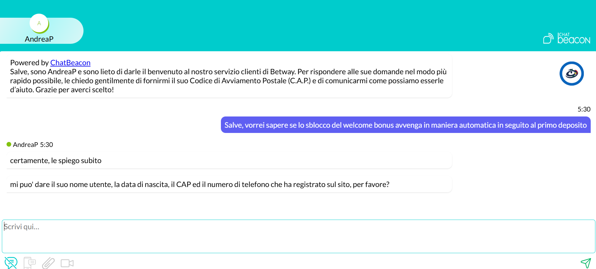 chat supporto betway