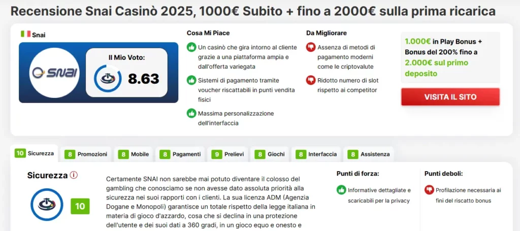 Casinò Online ADM: IL MIGLIOR SITO di Comparazione ✅ Punteggio Snai con MCO Score 1.1